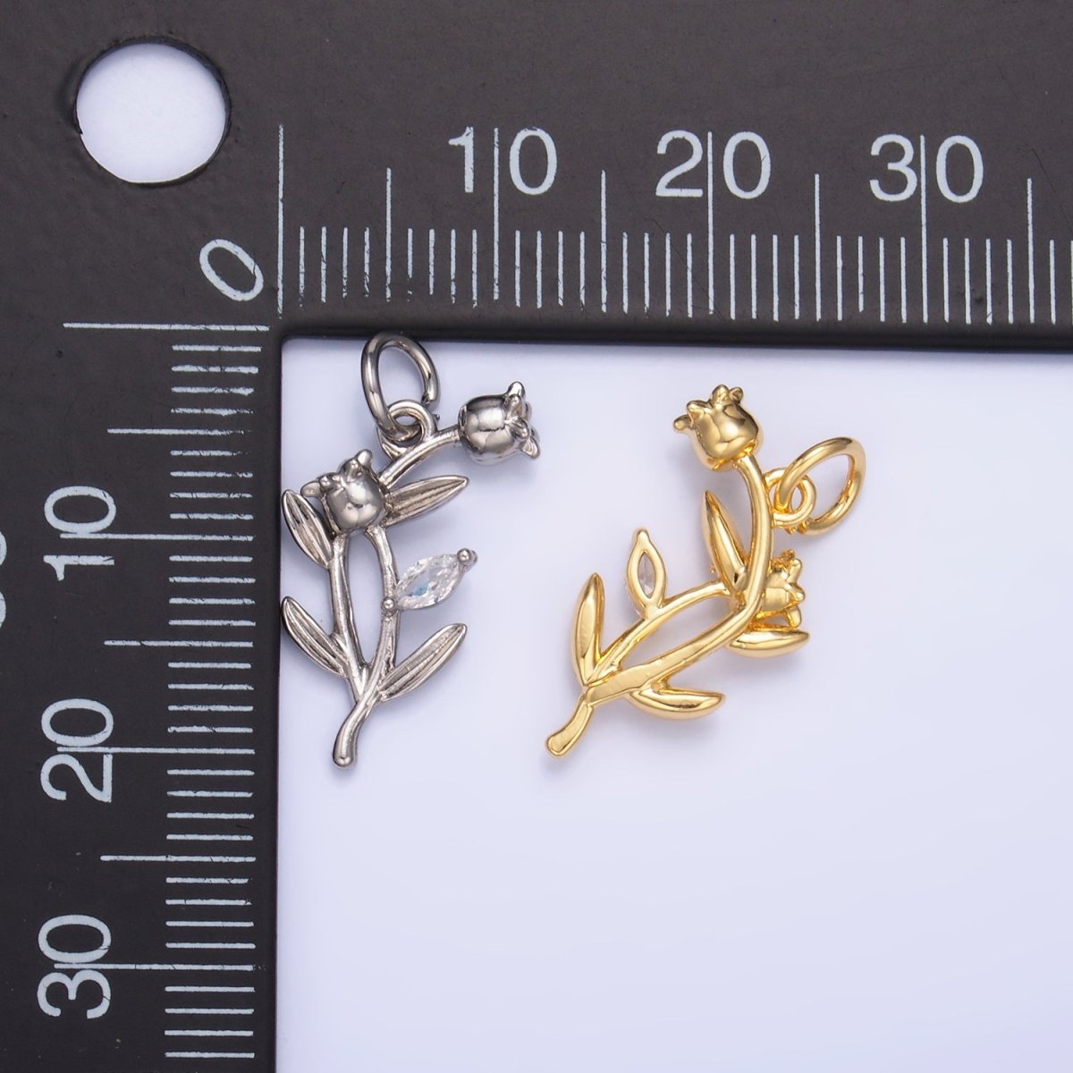 24K Gold plated CZ Larkspur Flower Multidimensional 3D Charm in Gold & Silver | M177 