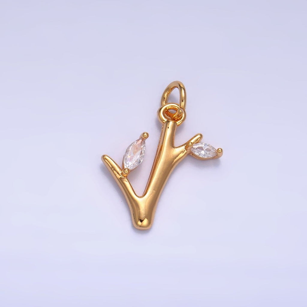 24K Gold plated CZ Leaf Tree Branch Nature Charm | W392 - DLUXCA