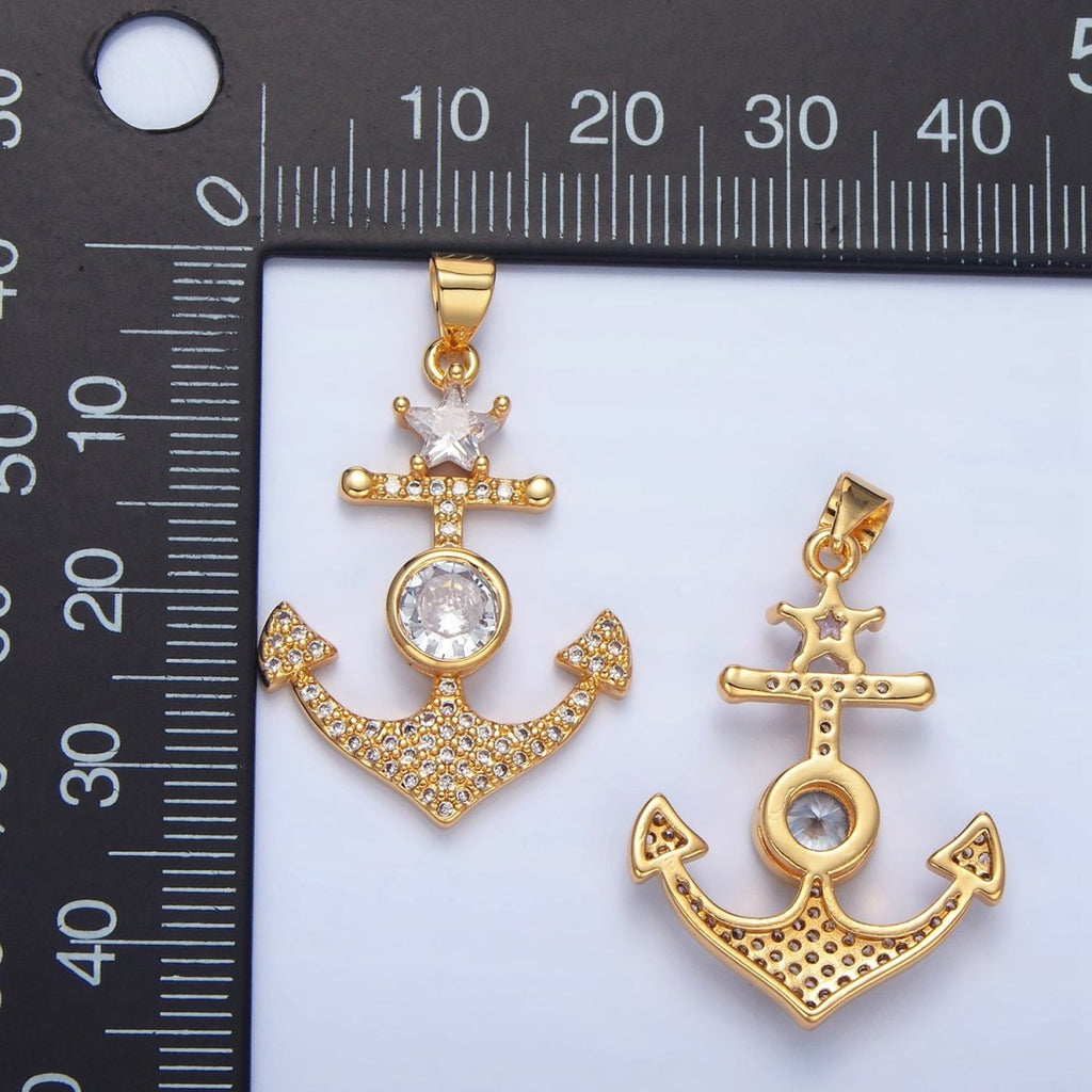 24K Gold plated CZ Micro Paved Anchor Pendant | AA138 - DLUXCA