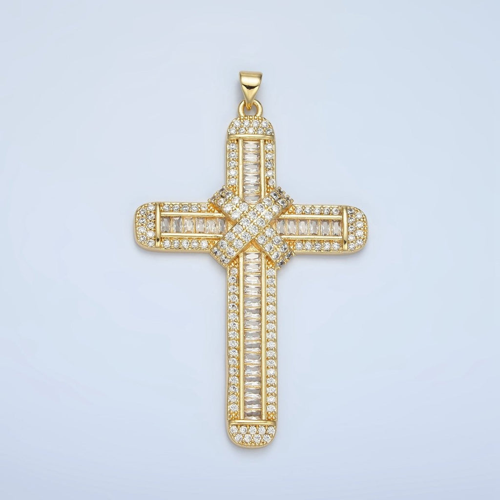 24K Gold plated CZ Micro Paved Baguette Religious Cross Pendant | AA - 802 - DLUXCA