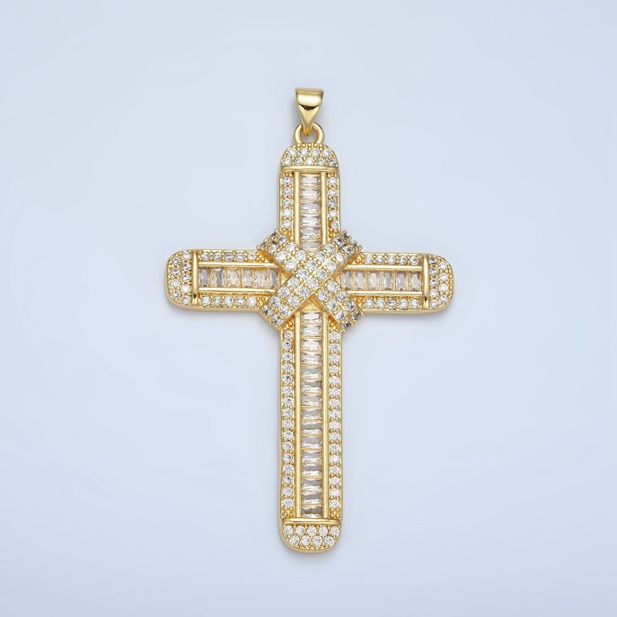 24K Gold plated CZ Micro Paved Baguette Religious Cross Pendant | AA - 802 - DLUXCA