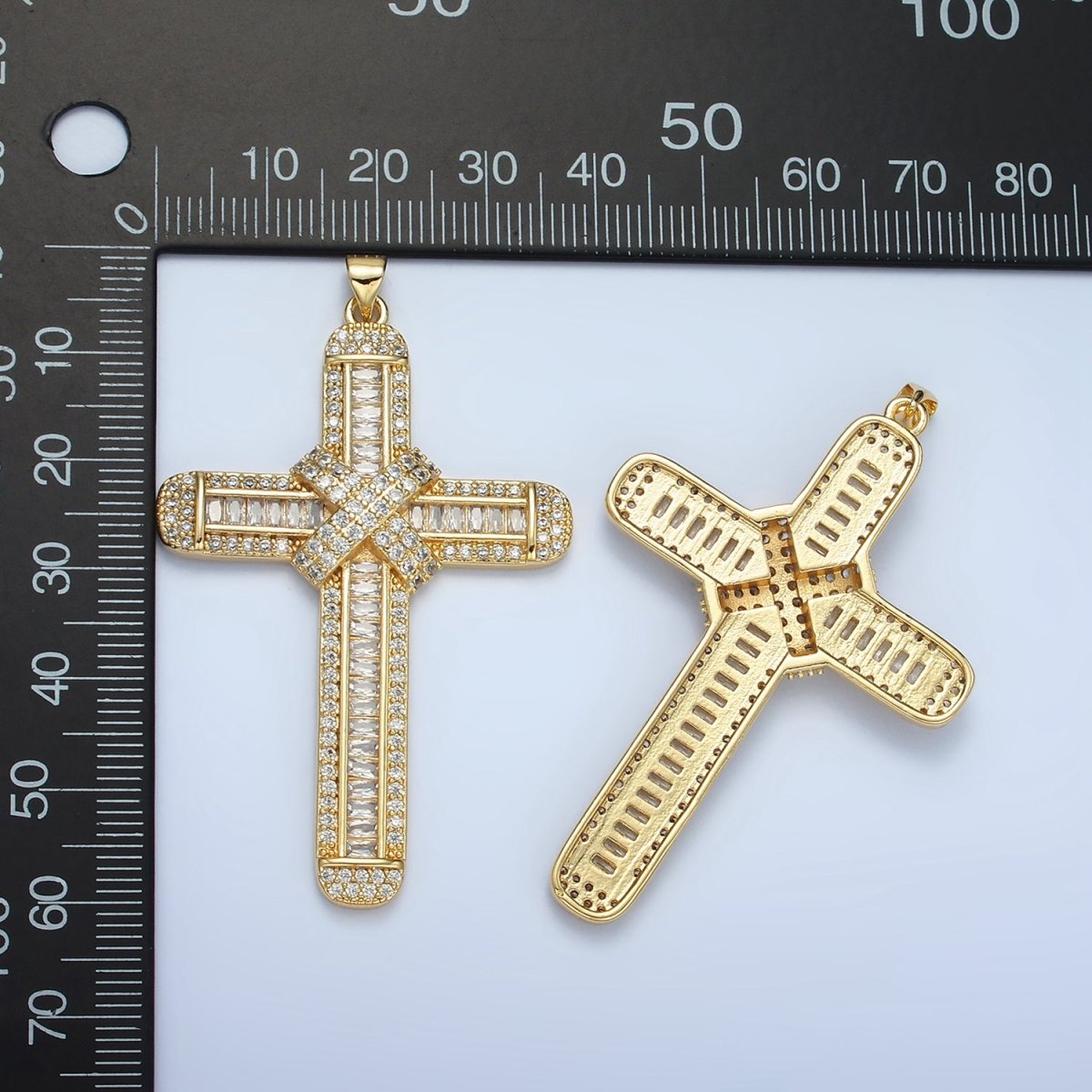 24K Gold plated CZ Micro Paved Baguette Religious Cross Pendant | AA - 802 - DLUXCA