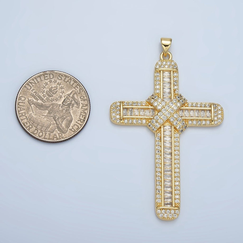 24K Gold plated CZ Micro Paved Baguette Religious Cross Pendant | AA - 802 - DLUXCA