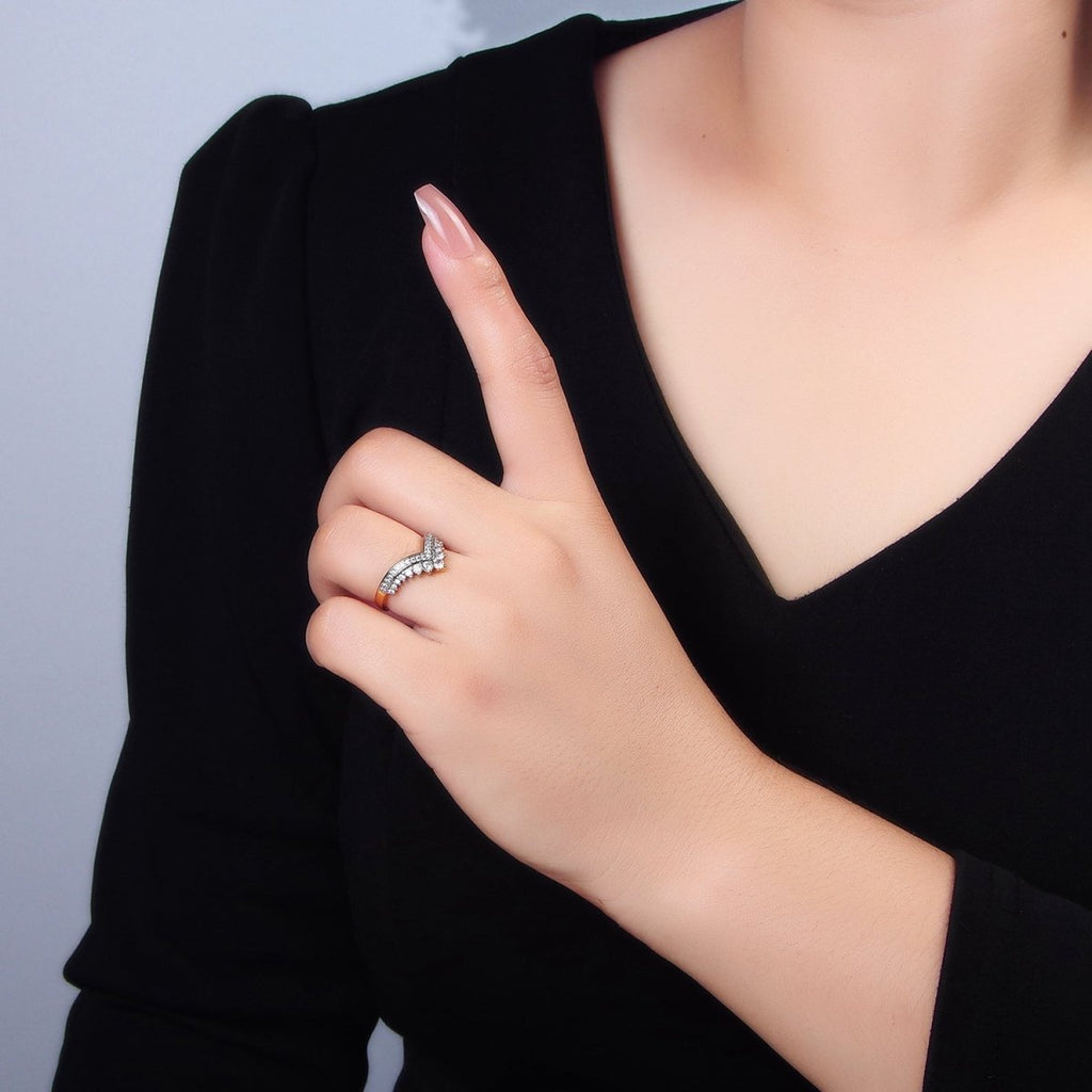 24K Gold plated CZ Micro Paved Chevron Mixed Metal Ring | O1424 - DLUXCA