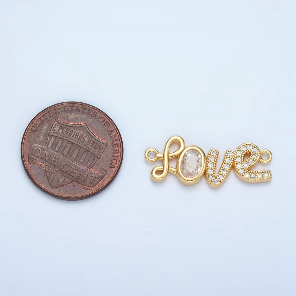 24k Gold plated CZ Micro Paved Cursive "Love" Charm Connector | F - 228 - DLUXCA