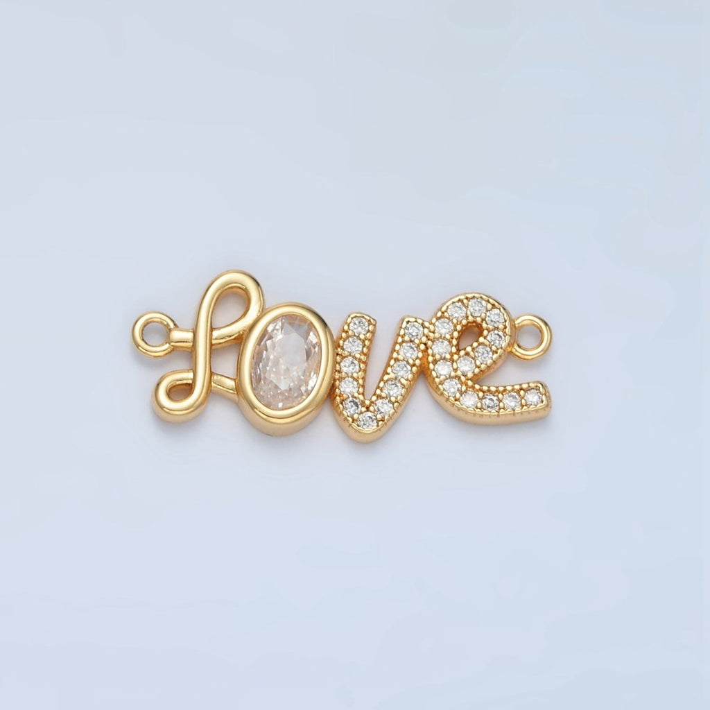 24k Gold plated CZ Micro Paved Cursive "Love" Charm Connector | F - 228 - DLUXCA