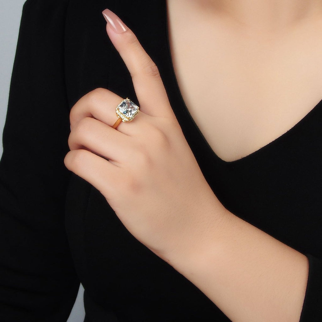 24k Gold plated CZ Micro Paved Diamond Square Adjustable Ring | O - 1413 - DLUXCA