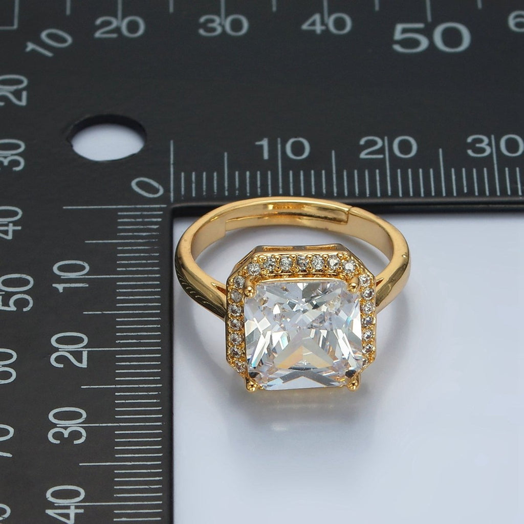 24k Gold plated CZ Micro Paved Diamond Square Adjustable Ring | O - 1413 - DLUXCA
