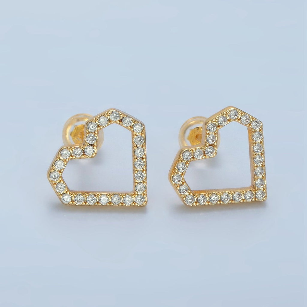 24K Gold plated CZ Micro Paved Heart Stud Earrings | AD - 739 - DLUXCA
