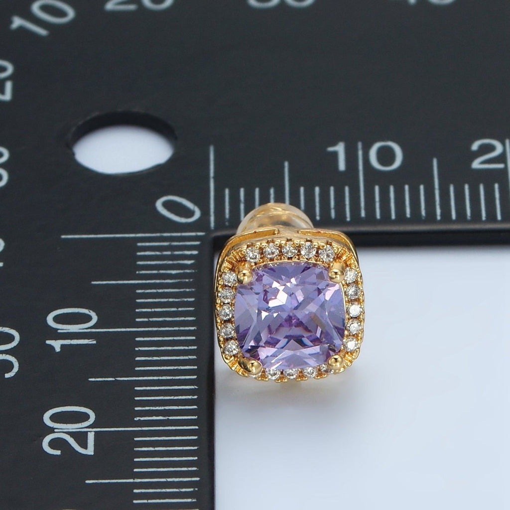 24K Gold plated CZ Micro Paved Purple Crystal Square Stud Earrings | AD - 742 - DLUXCA
