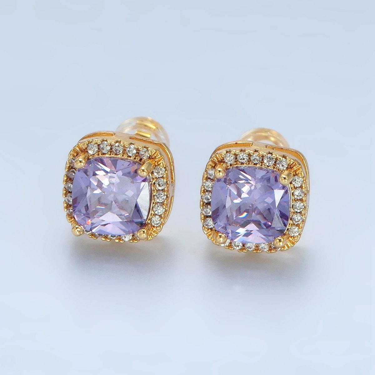 24K Gold plated CZ Micro Paved Purple Crystal Square Stud Earrings | AD - 742 - DLUXCA