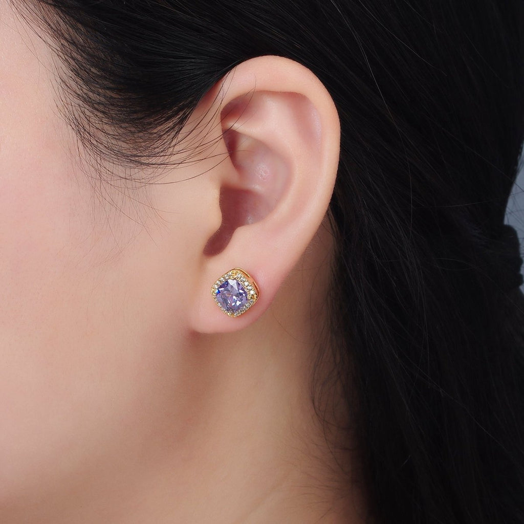 24K Gold plated CZ Micro Paved Purple Crystal Square Stud Earrings | AD - 742 - DLUXCA