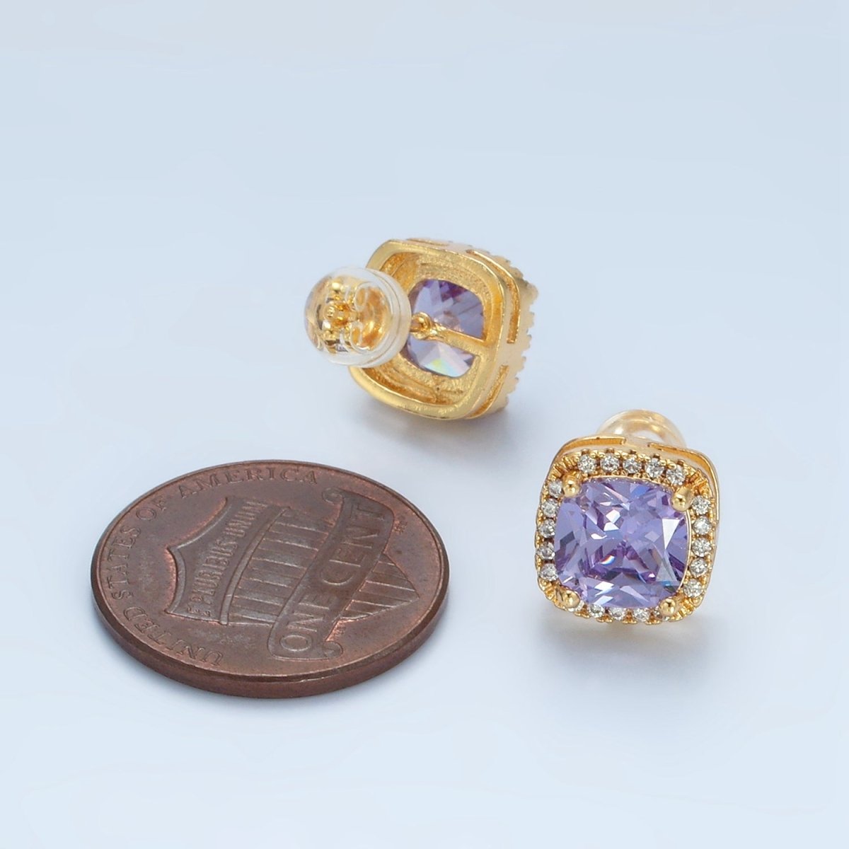24K Gold plated CZ Micro Paved Purple Crystal Square Stud Earrings | AD - 742 - DLUXCA