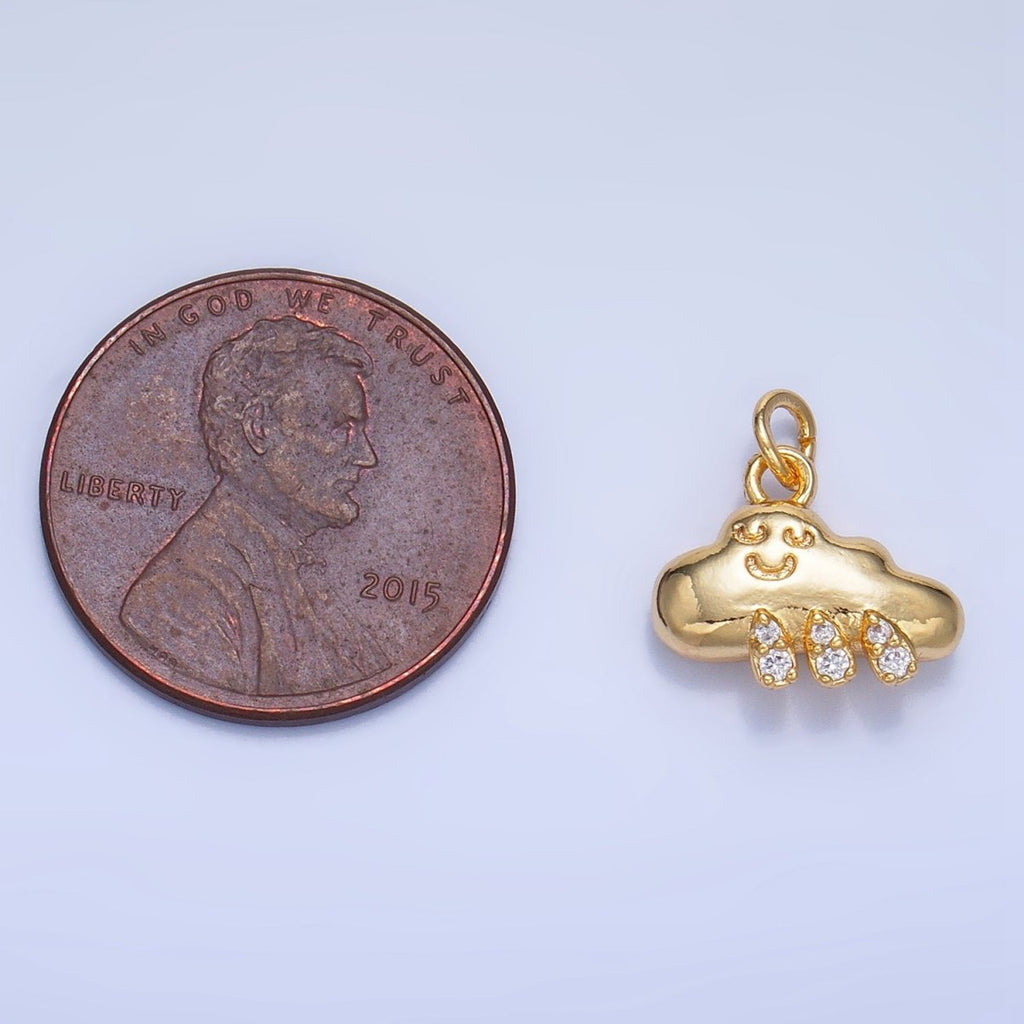 24K Gold plated CZ Micro Paved Rain Smiley Face Cloud Multidimensional 3D Charm | W018 - DLUXCA
