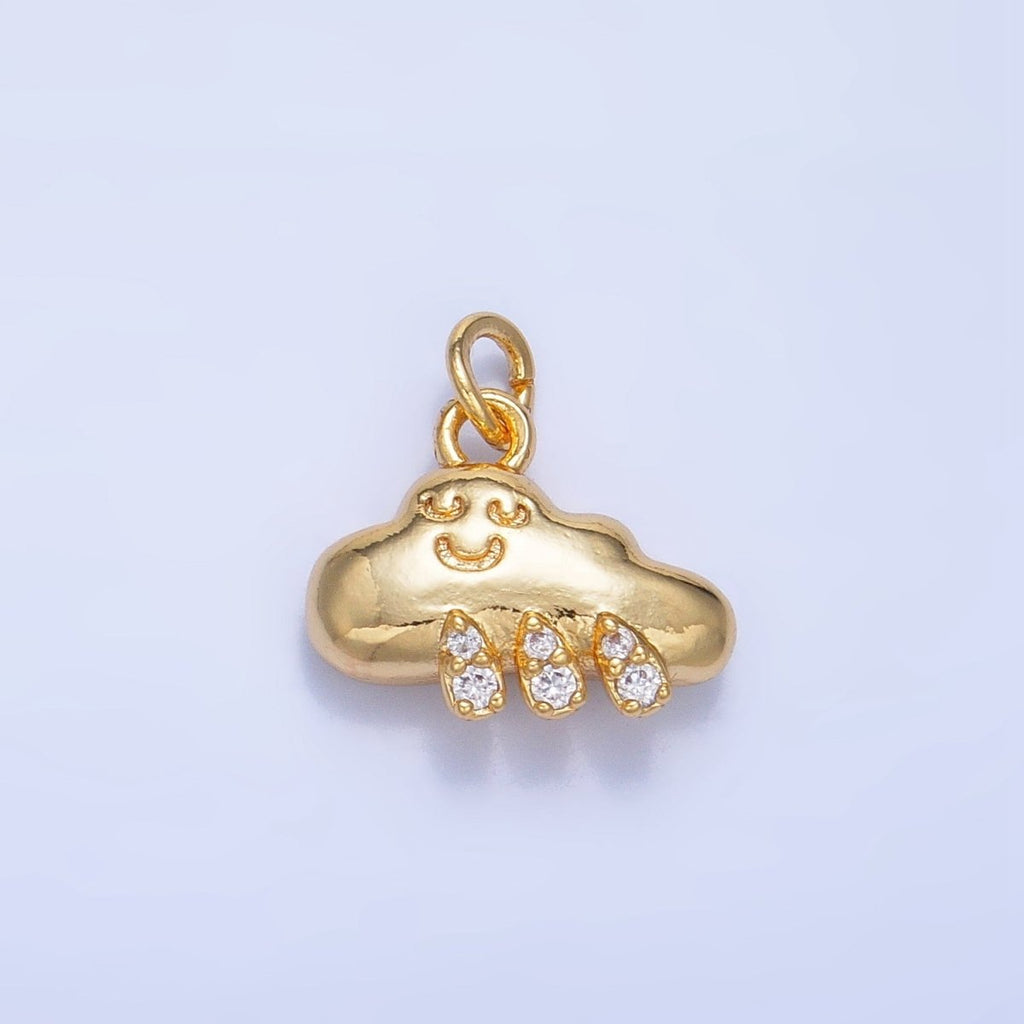 24K Gold plated CZ Micro Paved Rain Smiley Face Cloud Multidimensional 3D Charm | W018 - DLUXCA