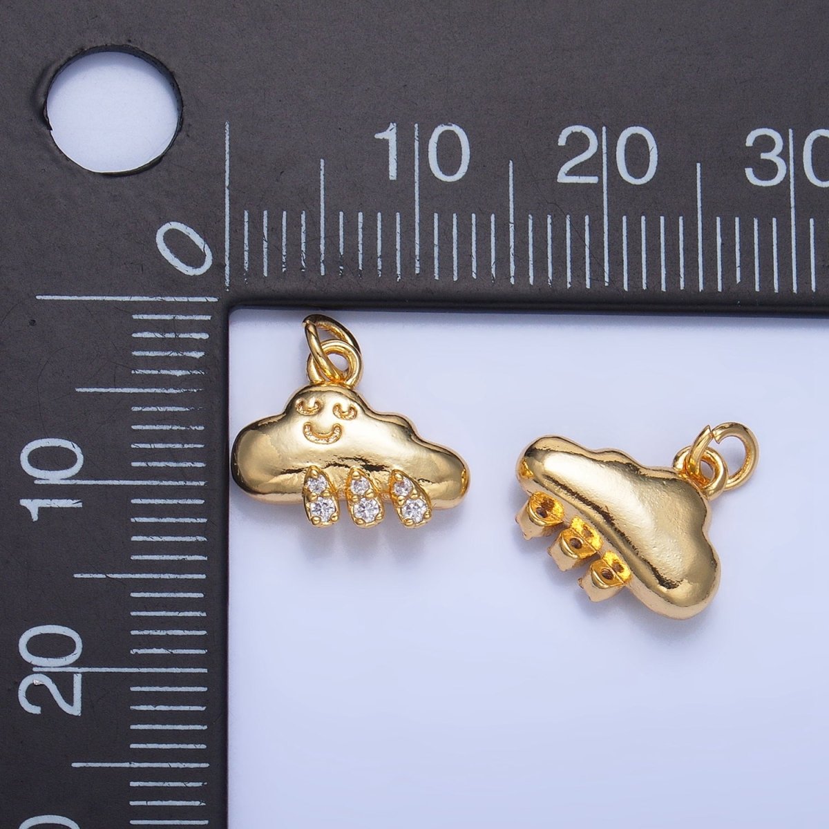 24K Gold plated CZ Micro Paved Rain Smiley Face Cloud Multidimensional 3D Charm | W018 - DLUXCA