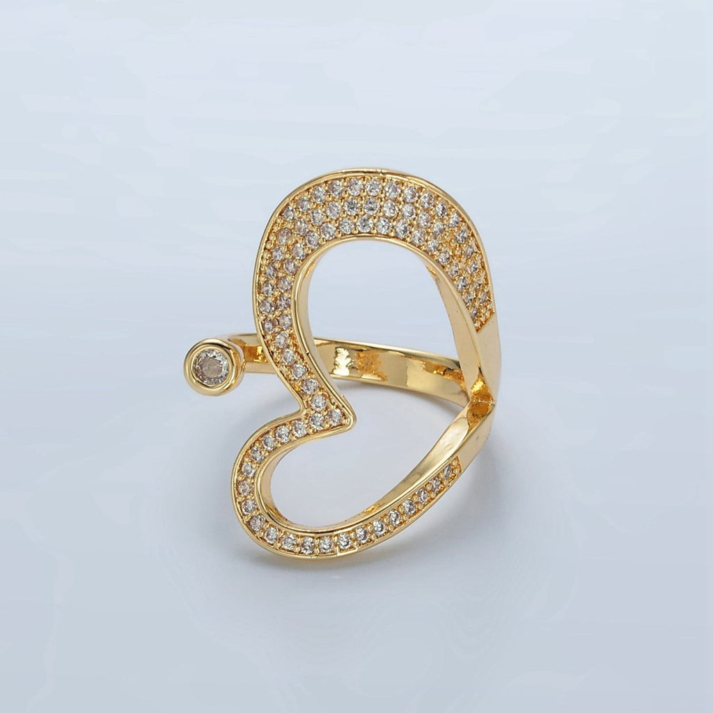 24k Gold plated CZ Micro Paved Sideway Heart Adjustable Ring | O - 1412 - DLUXCA