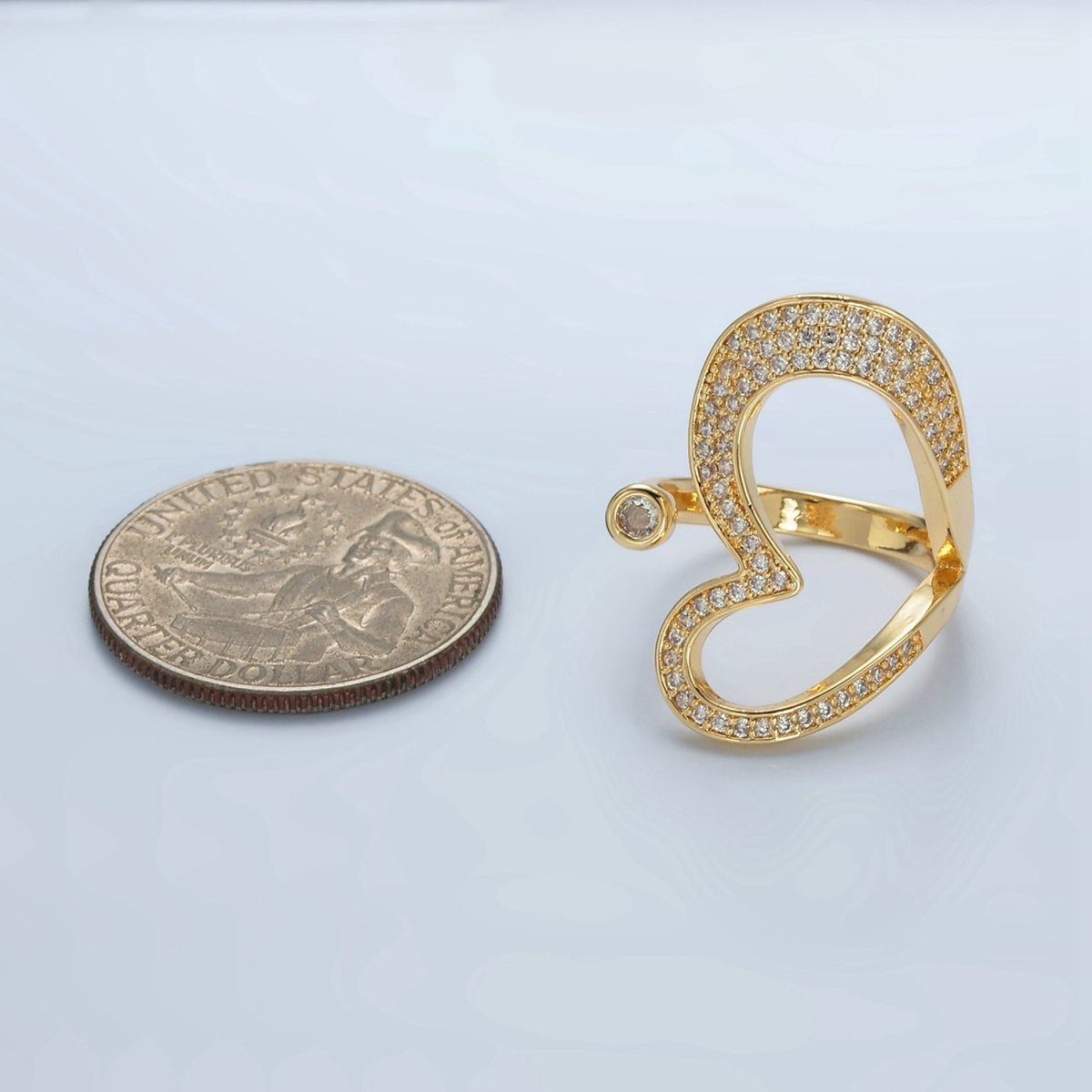24k Gold plated CZ Micro Paved Sideway Heart Adjustable Ring | O - 1412 - DLUXCA