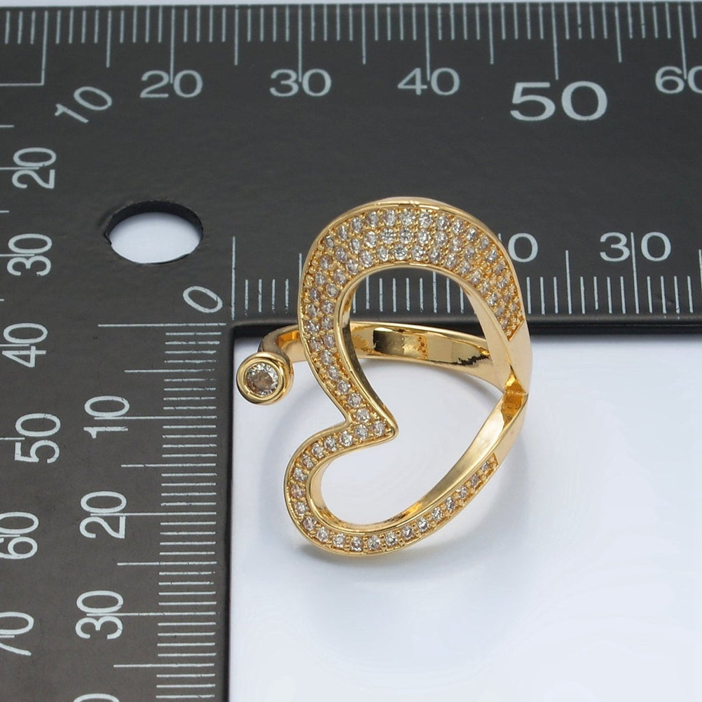 24k Gold plated CZ Micro Paved Sideway Heart Adjustable Ring | O - 1412 - DLUXCA
