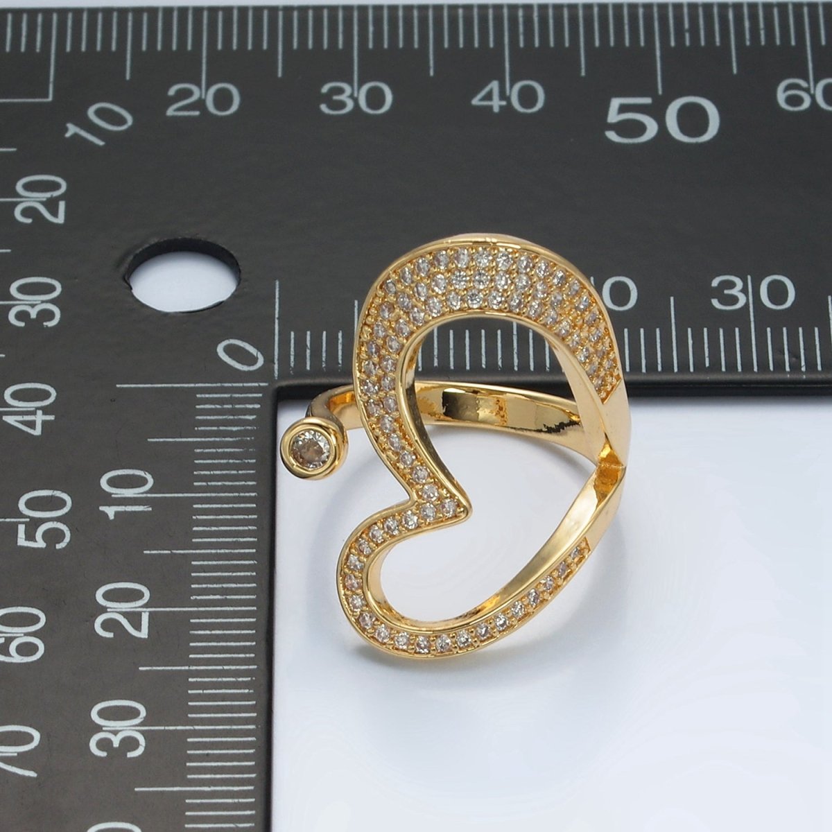 24k Gold plated CZ Micro Paved Sideway Heart Adjustable Ring | O - 1412 - DLUXCA
