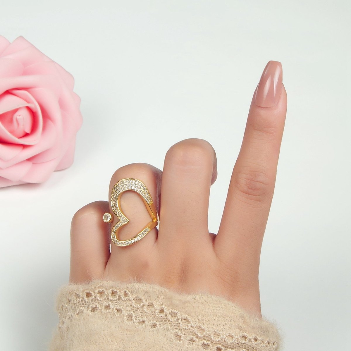 24k Gold plated CZ Micro Paved Sideway Heart Adjustable Ring | O - 1412 - DLUXCA