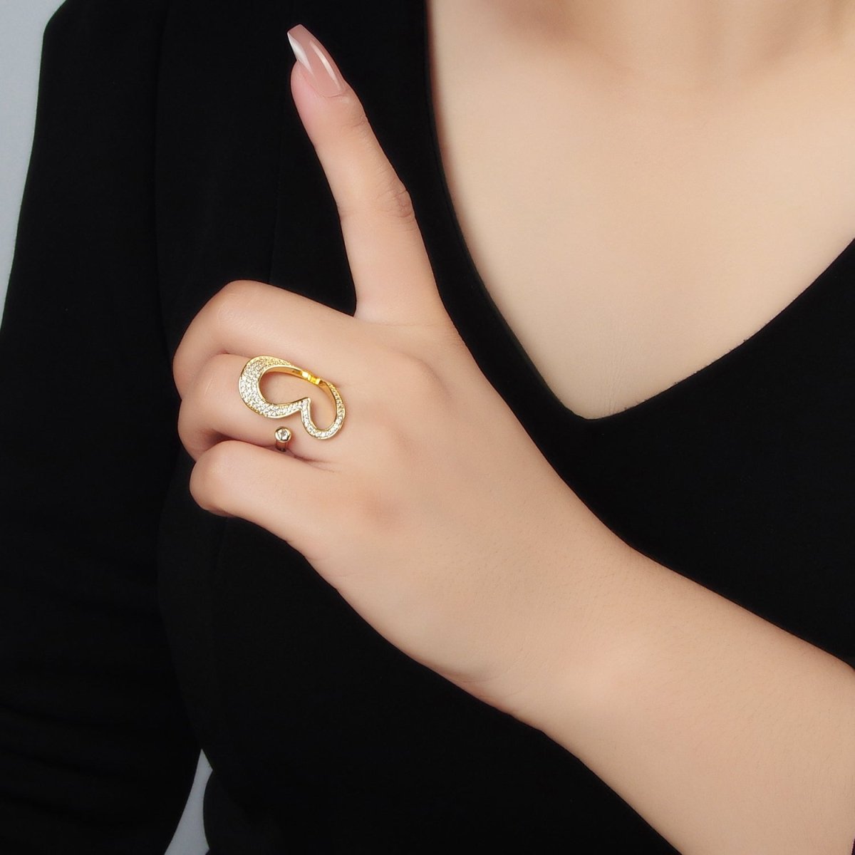 24k Gold plated CZ Micro Paved Sideway Heart Adjustable Ring | O - 1412 - DLUXCA