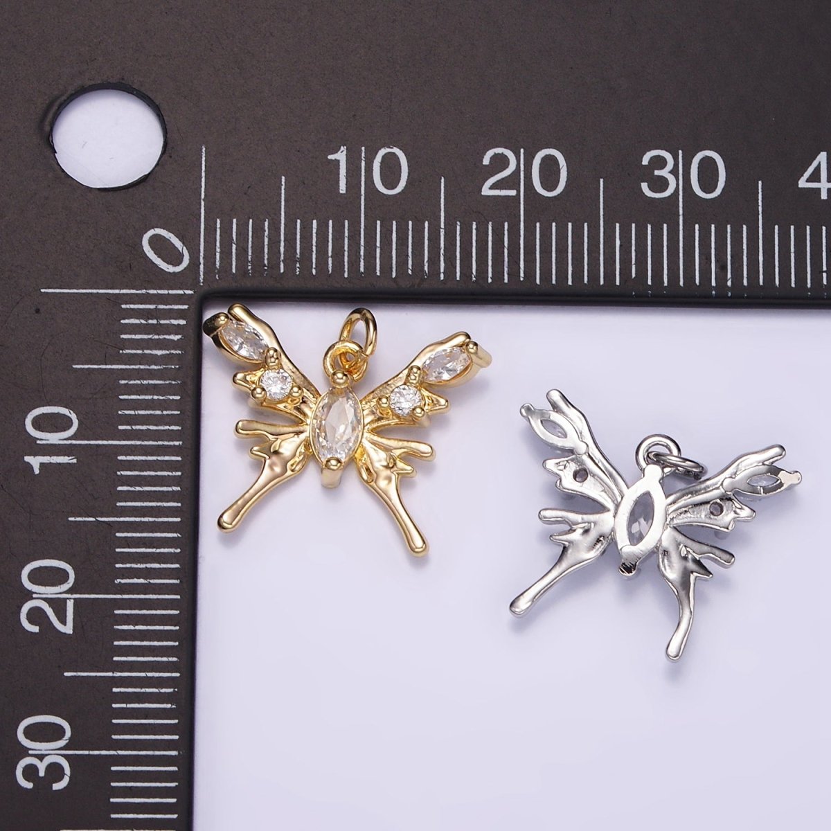 24K Gold plated CZ Molten Drip Butterfly Insect Charm in Gold & Silver | AC170 - DLUXCA