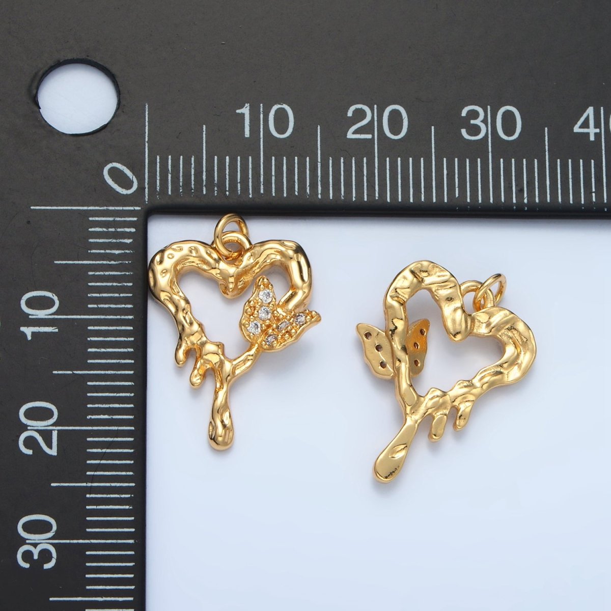 24K Gold plated CZ Open Hammered Molten Heart Butterfly Charm in Gold & Silver | E384