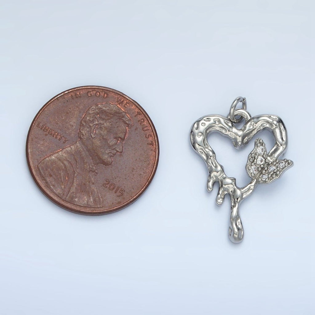 24K Gold plated CZ Open Hammered Molten Heart Butterfly Charm in Gold & Silver | E384