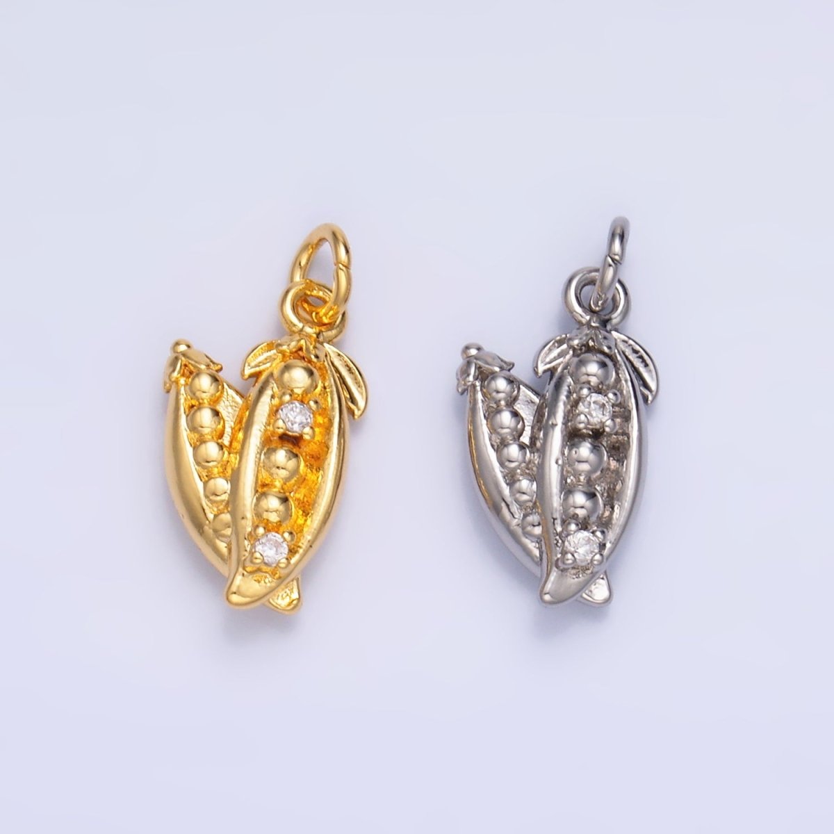 24K Gold plated CZ Pea Pods Fruit Multidimensional 3D Charm in Gold & Silver | M173 