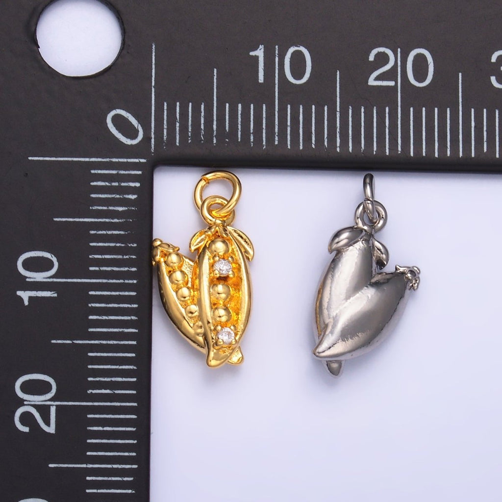 24K Gold plated CZ Pea Pods Fruit Multidimensional 3D Charm in Gold & Silver | M173 