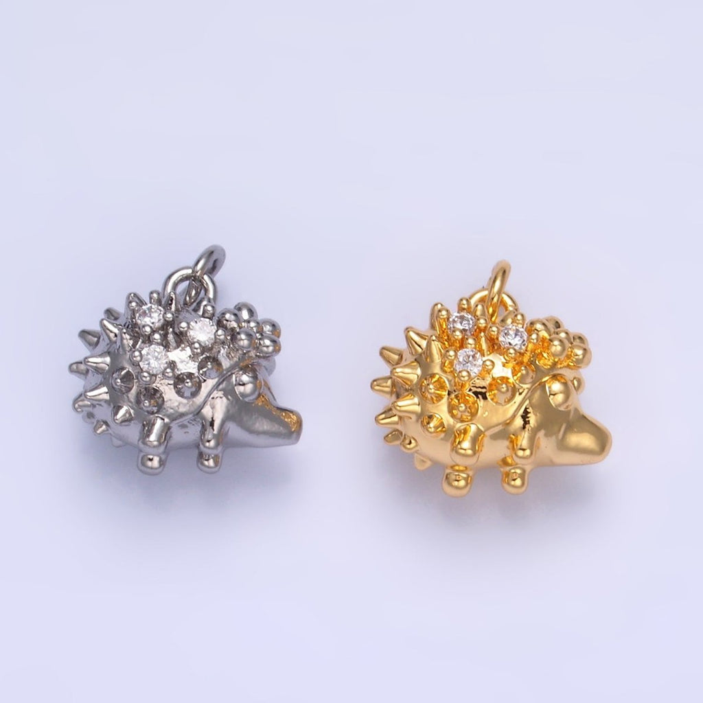 24K Gold plated CZ Porcupine Hedgehog Animal 3D Multidimensional Charm in Gold & Silver | W380
