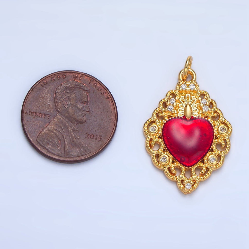 24K Gold plated CZ Red Elaborate Artisan Geometric Heart Charm | X867 - DLUXCA