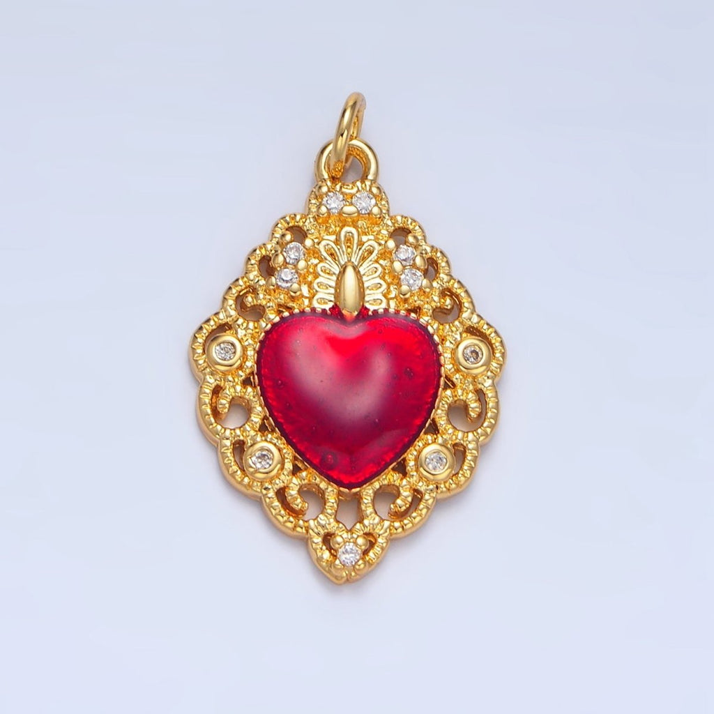 24K Gold plated CZ Red Elaborate Artisan Geometric Heart Charm | X867 - DLUXCA