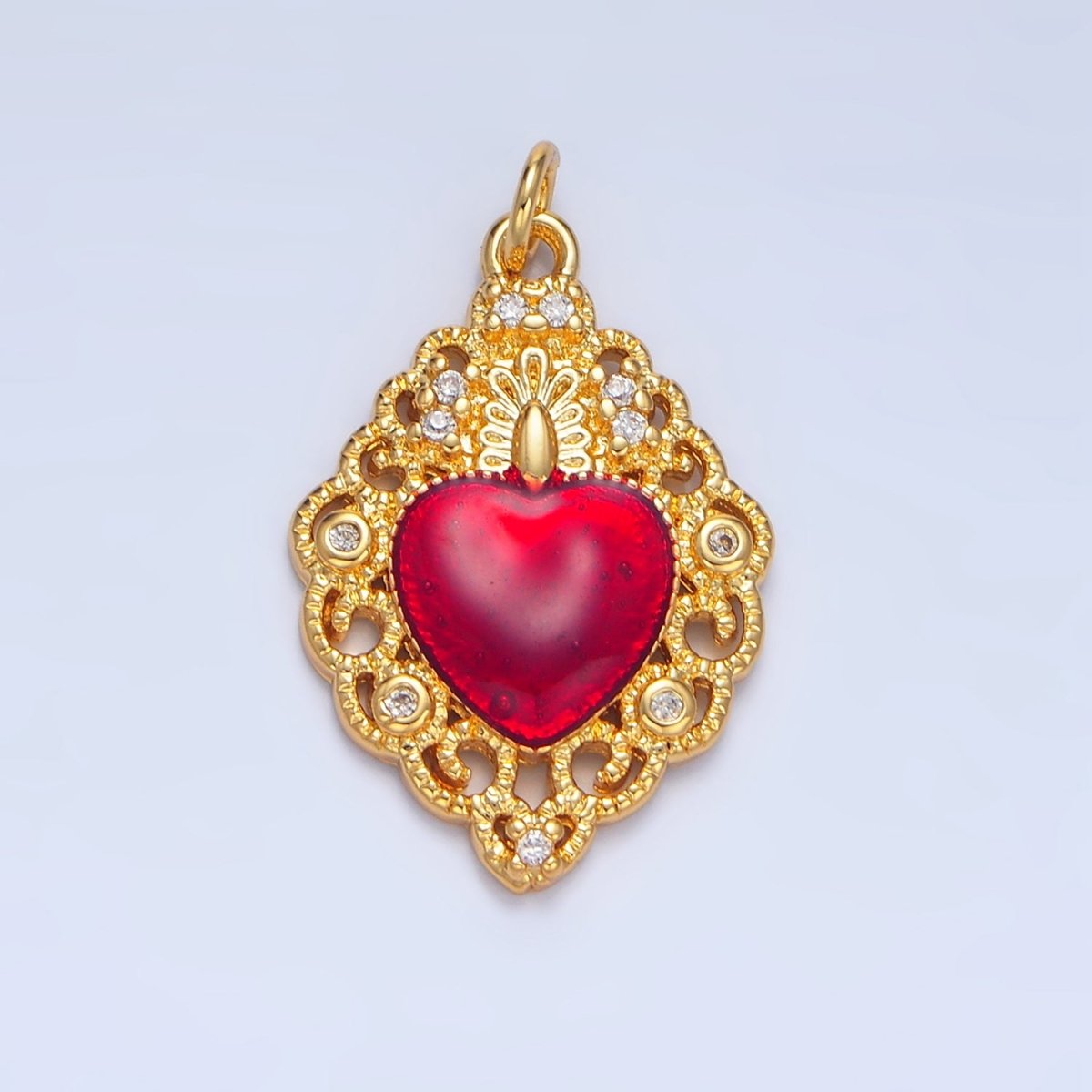 24K Gold plated CZ Red Elaborate Artisan Geometric Heart Charm | X867 - DLUXCA