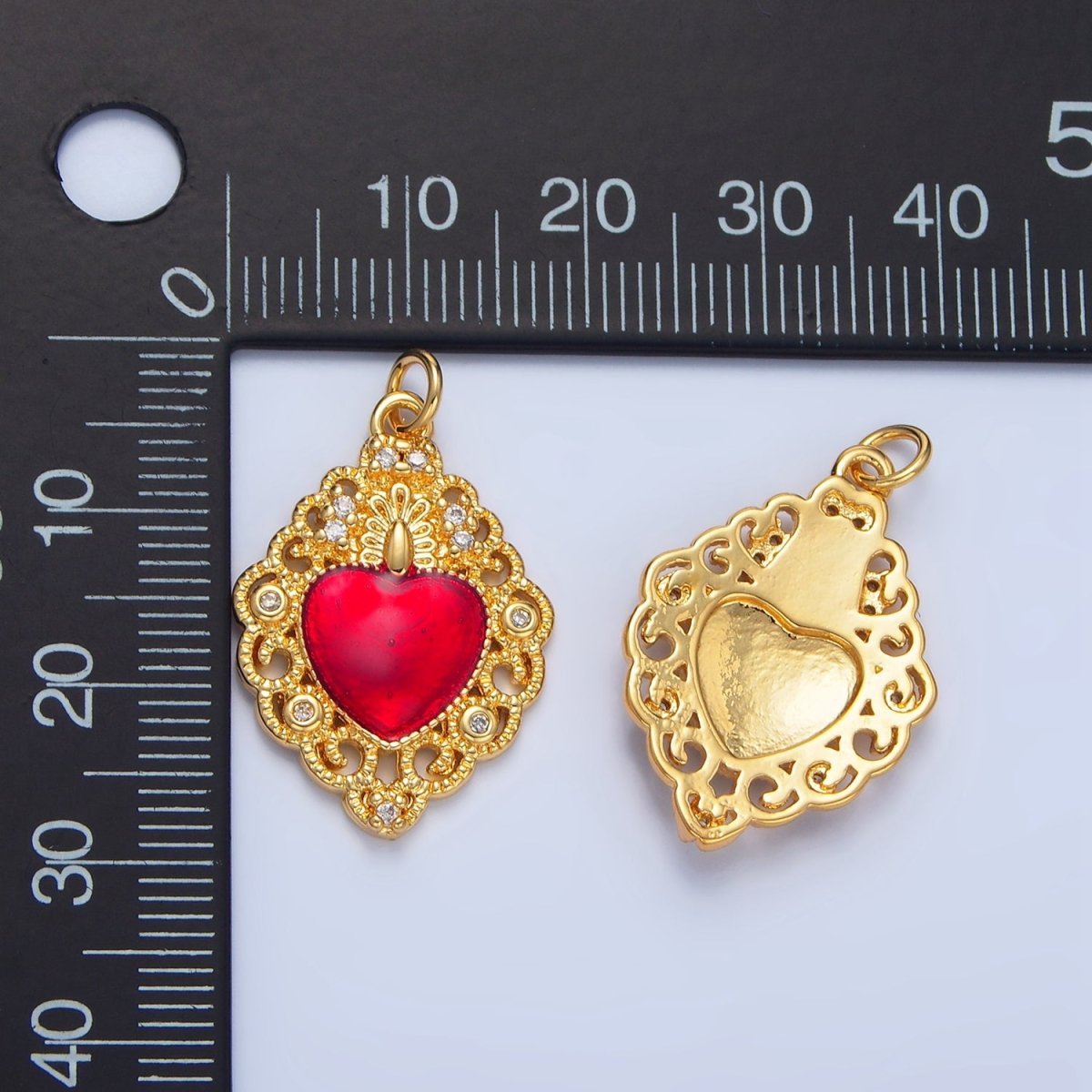 24K Gold plated CZ Red Elaborate Artisan Geometric Heart Charm | X867 - DLUXCA