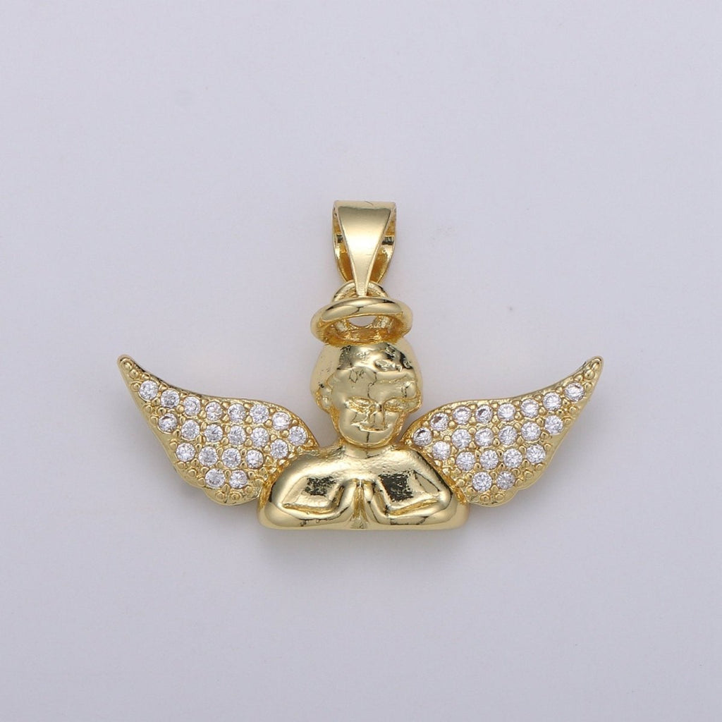 24k Gold plated CZ Roman Angel Pendant Angel Cluster Cubic Wings Charm Ceraphim Pendant Jewelry Making Supply J-060 - DLUXCA