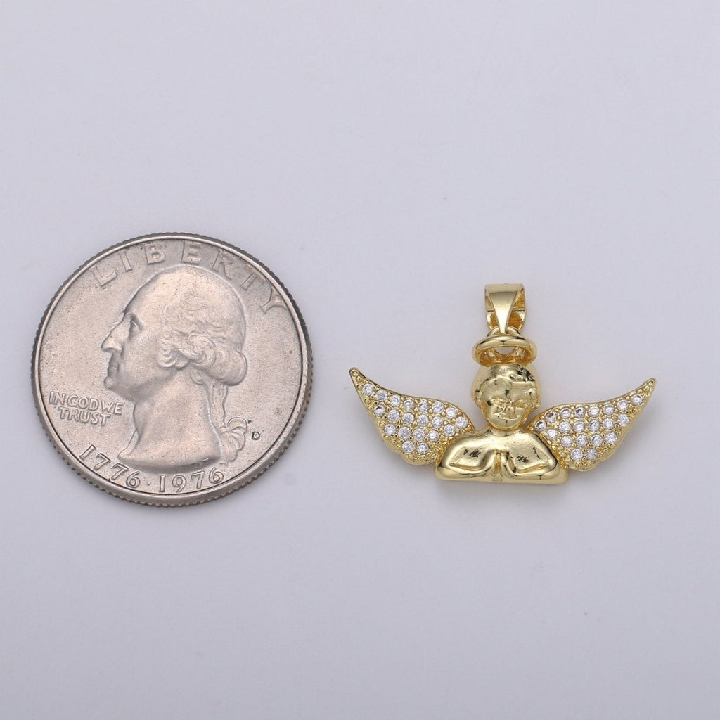 24k Gold plated CZ Roman Angel Pendant Angel Cluster Cubic Wings Charm Ceraphim Pendant Jewelry Making Supply J-060 - DLUXCA