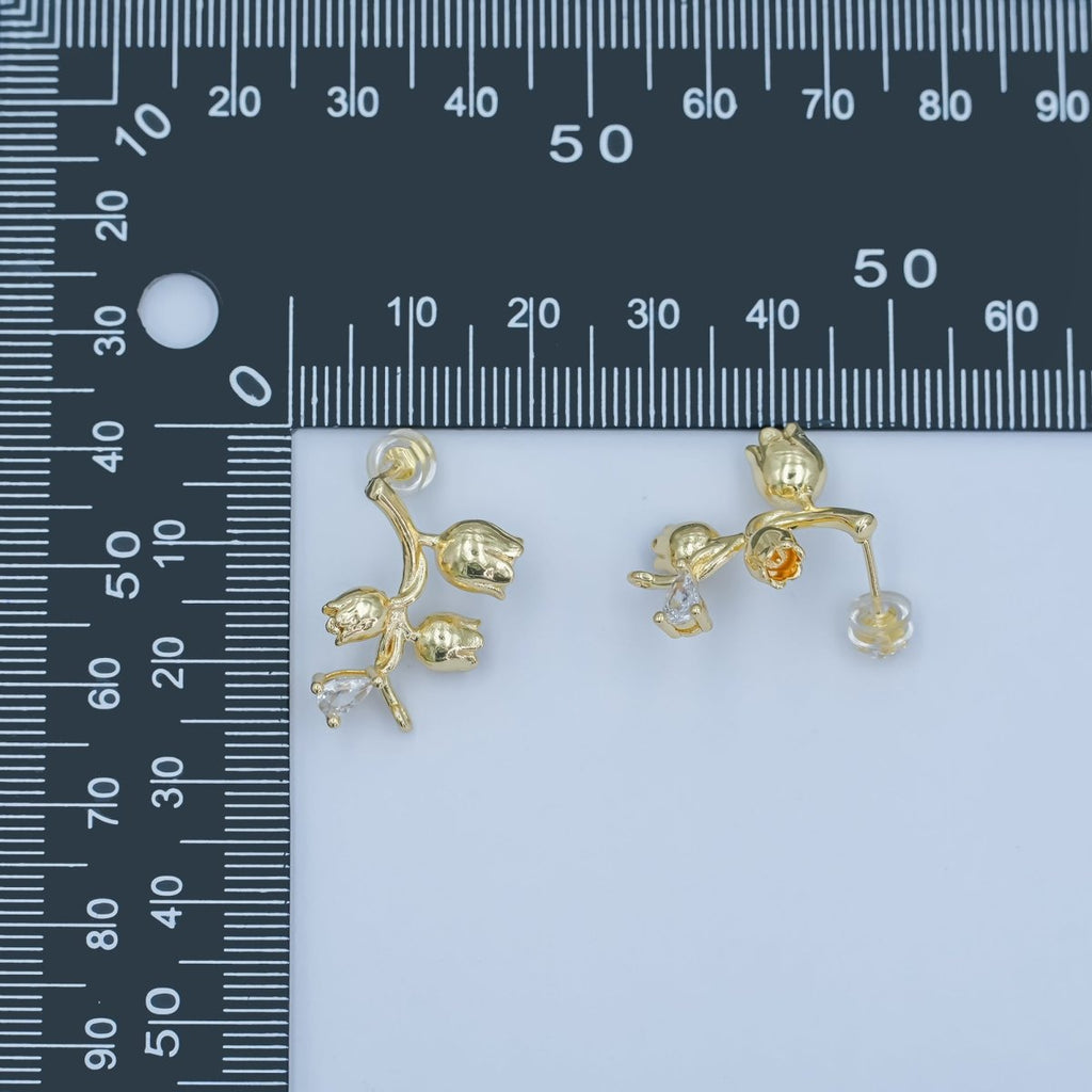 24K Gold plated CZ Rose Flower Stud Drop Earrings | Z1132 - DLUXCA