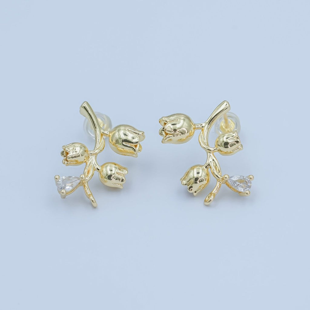 24K Gold plated CZ Rose Flower Stud Drop Earrings | Z1132 - DLUXCA