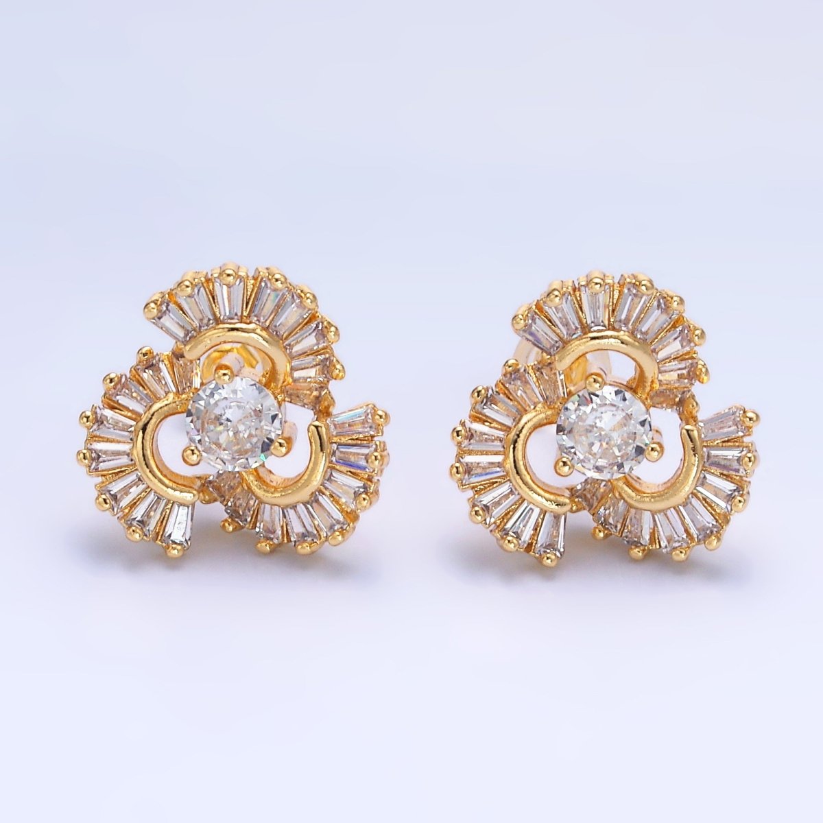 24K Gold plated CZ Round Baguette Circular Geometric Stud Earrings | AB1441 
