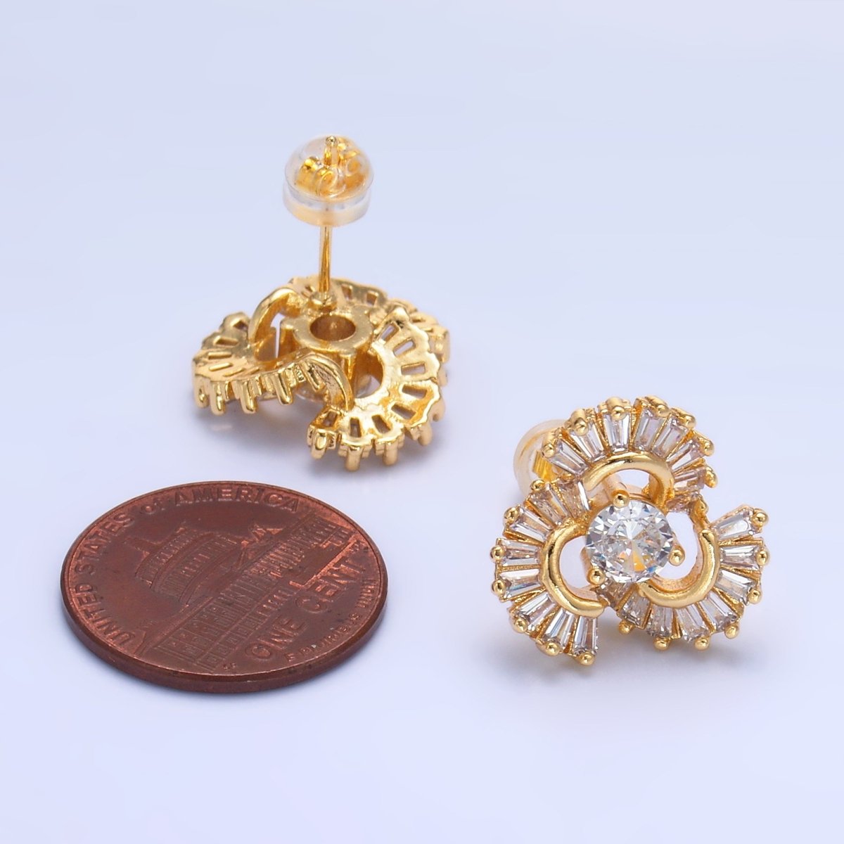 24K Gold plated CZ Round Baguette Circular Geometric Stud Earrings | AB1441 