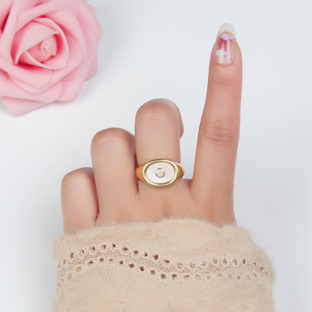 24K Gold plated CZ Shell Pearl Signet Ring | O1403 - DLUXCA
