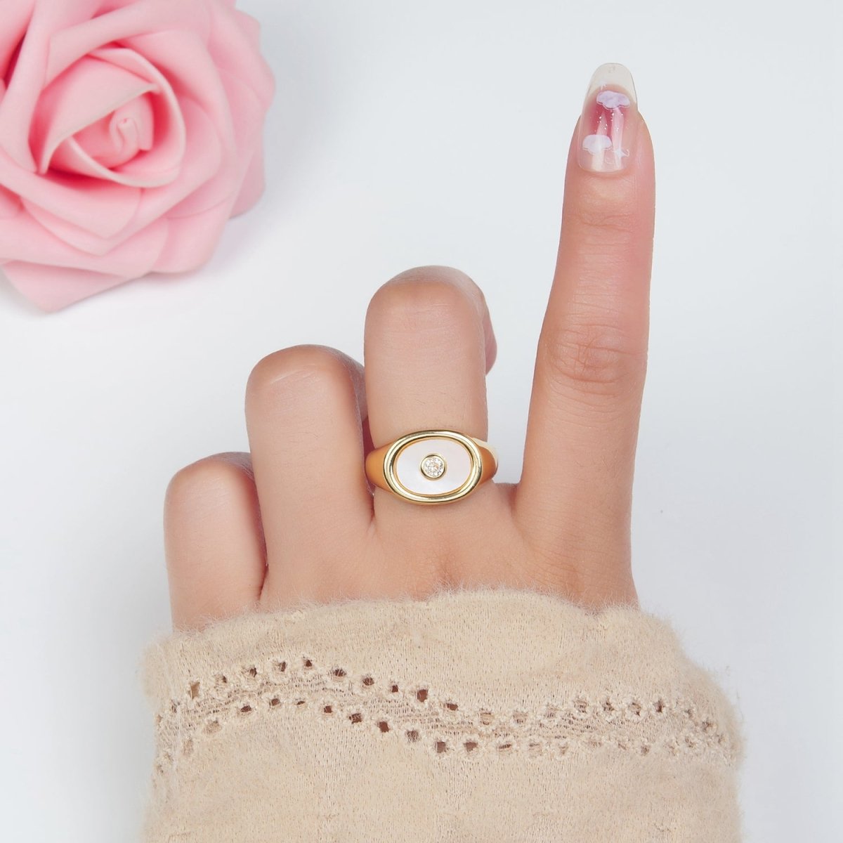 24K Gold plated CZ Shell Pearl Signet Ring | O1403 - DLUXCA