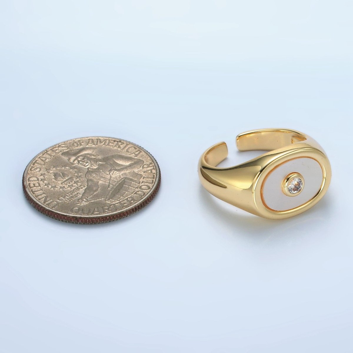 24K Gold plated CZ Shell Pearl Signet Ring | O1403 - DLUXCA