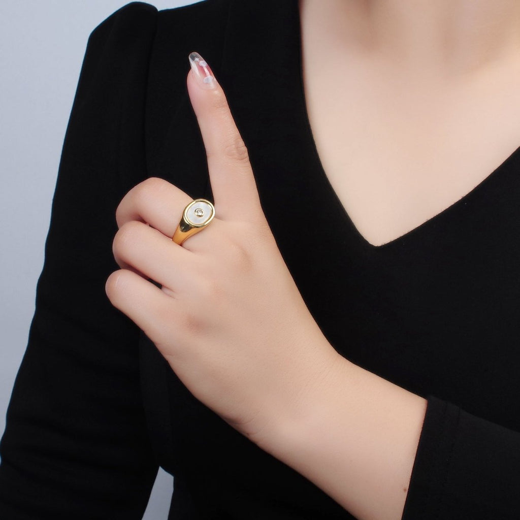 24K Gold plated CZ Shell Pearl Signet Ring | O1403 - DLUXCA