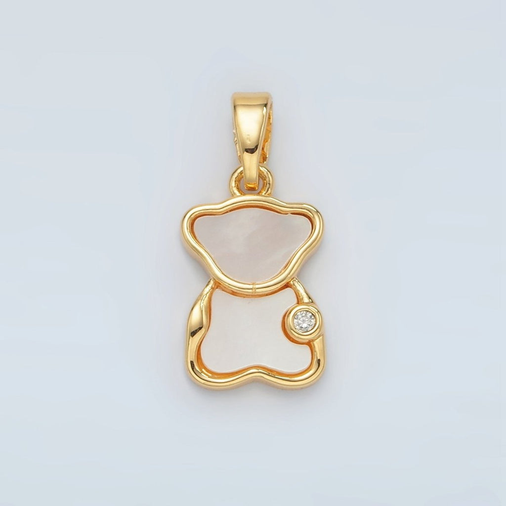 24K Gold plated CZ Shell Pearl Teddy Bear Bezel Pendant | H723 - DLUXCA