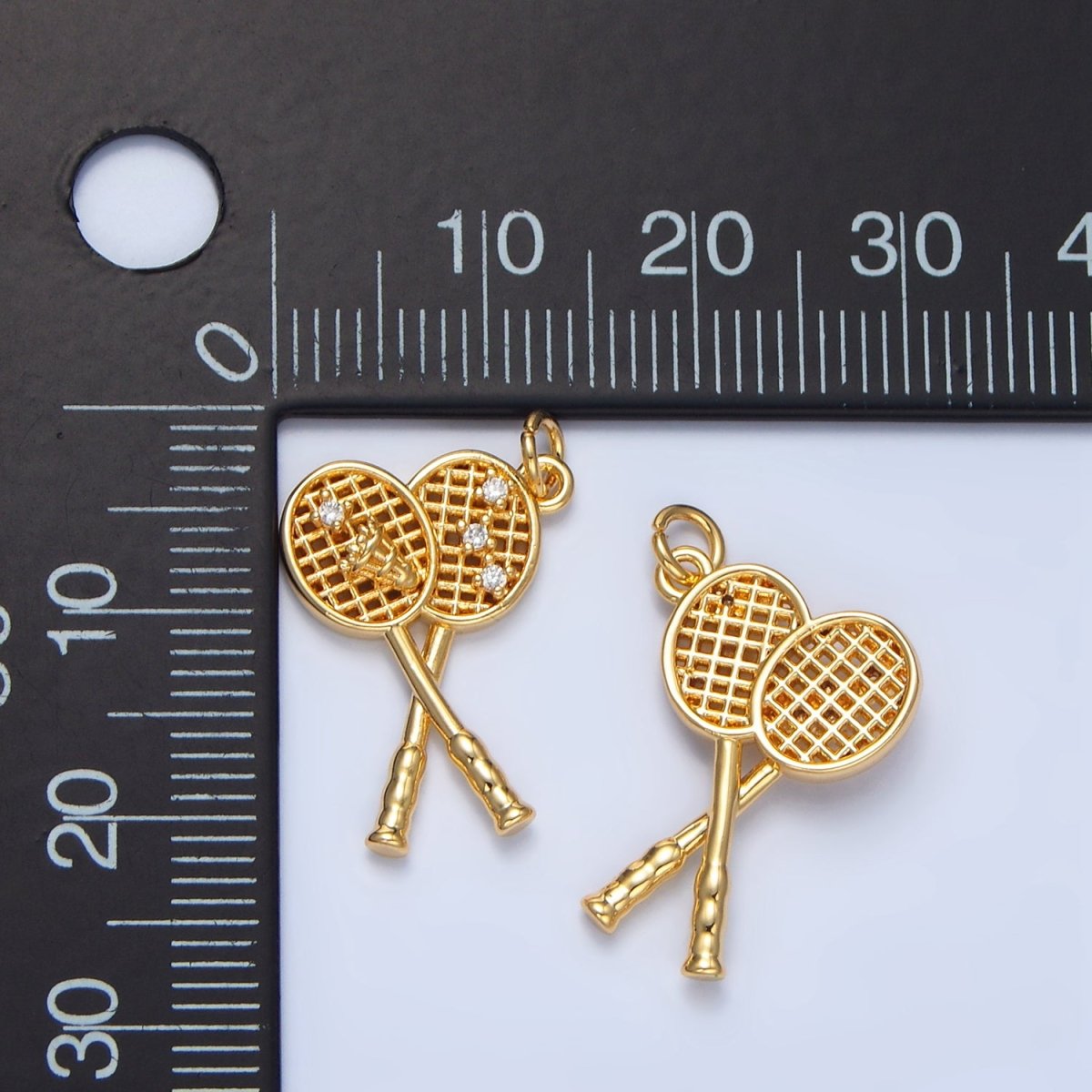 24K Gold plated CZ Shuttlecock Badminton Racket Multidimensional Sports Charm | X892 - DLUXCA