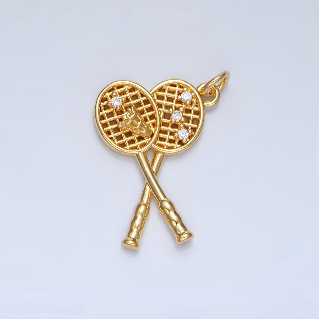 24K Gold plated CZ Shuttlecock Badminton Racket Multidimensional Sports Charm | X892 - DLUXCA