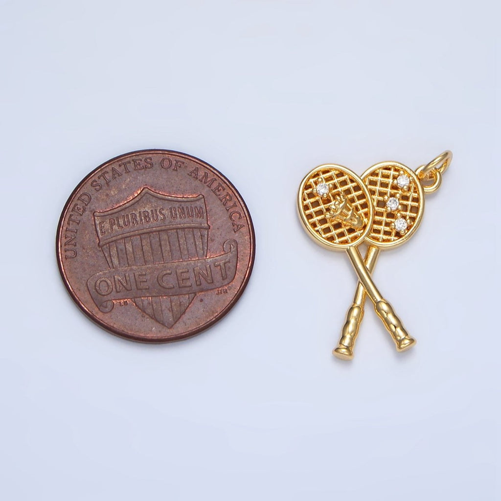 24K Gold plated CZ Shuttlecock Badminton Racket Multidimensional Sports Charm | X892 - DLUXCA